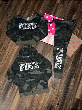 VS PINK Size SMALL 3-Piece Camo Print with White Logo Set.